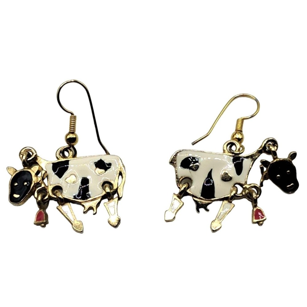 Enamel Cow Earrings Articulating Pierced Novelty Signed Jewelry‎